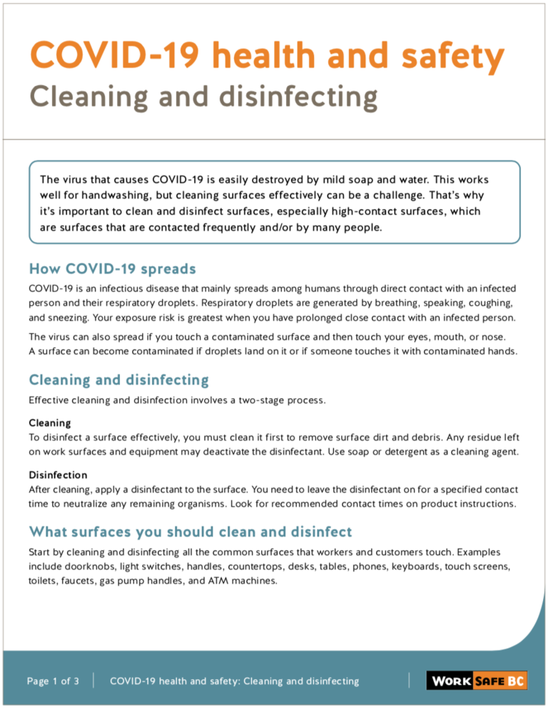 Cleaning Guidelines for COVID19 from WorkSafeBC Body Works Sports